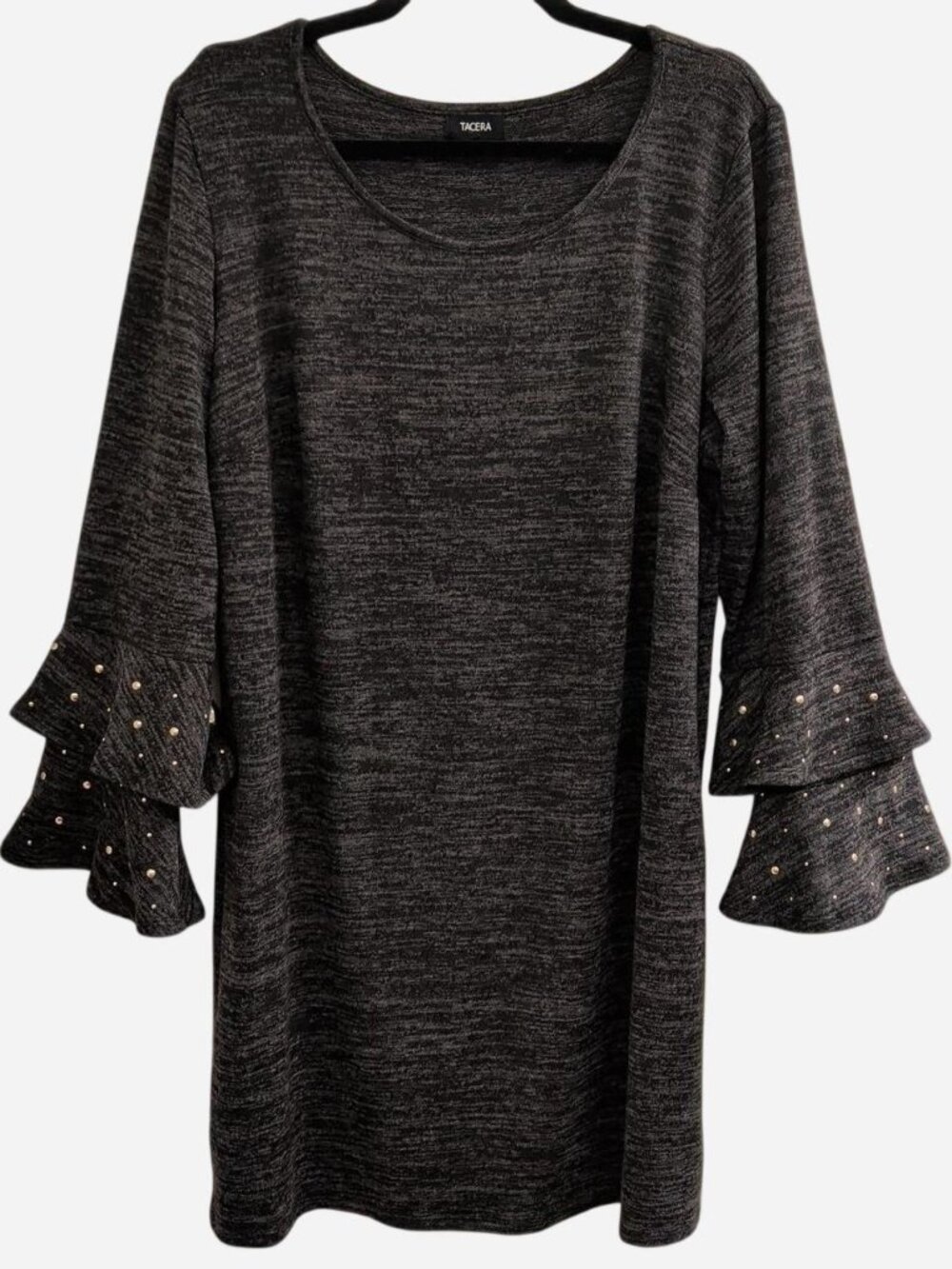 Tacera Charcoal Ruffle Sleeve Knit Tunic Dress | Size 1X